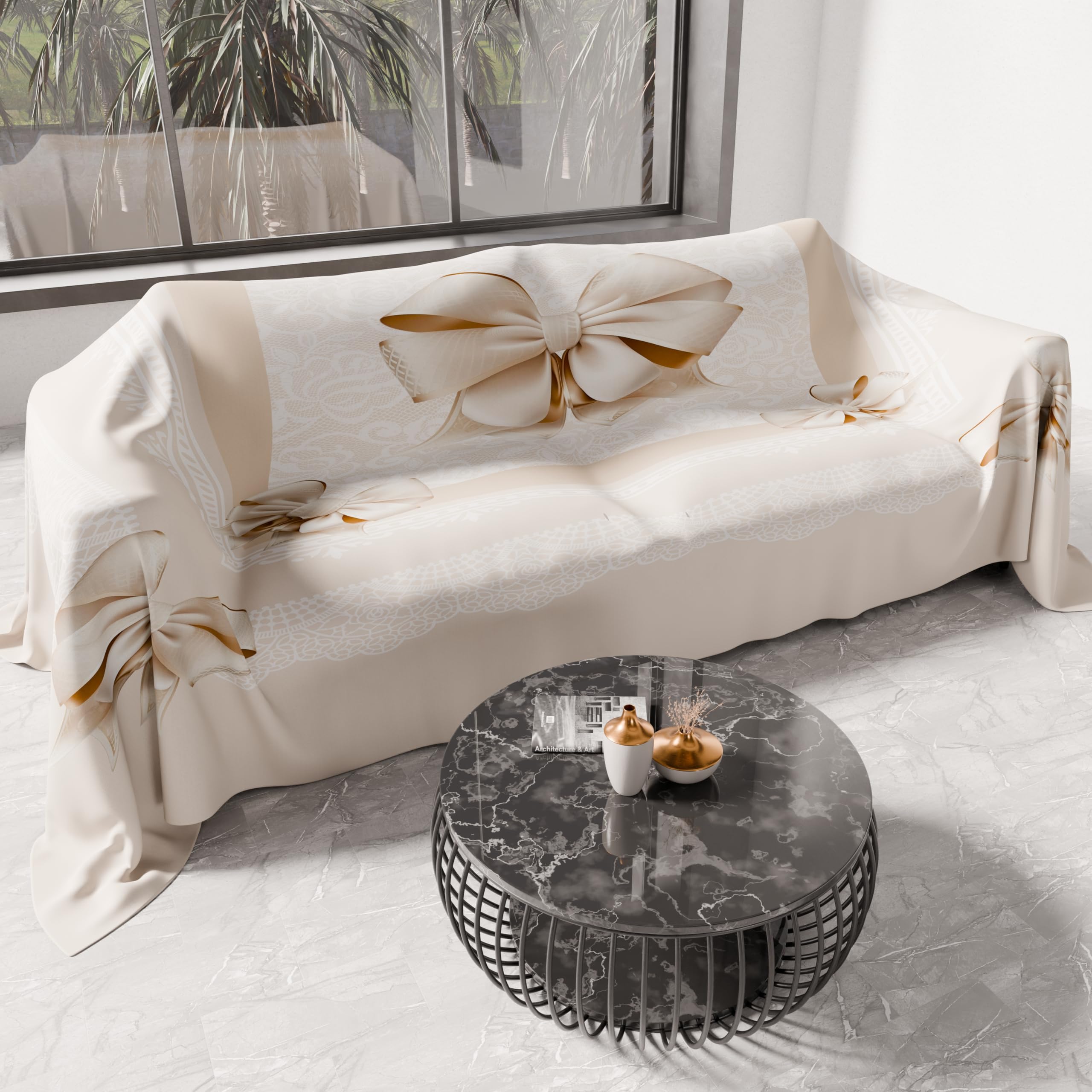 PETTI Artigiani Italiani - One and a half square spring summer bedspread, light blanket one and a half square, bed linen bedspread, beige bow 100% Made in Italy
