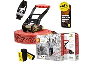 GIBBON ClassicLine XL Slackline Red with TreeWear - 82ft Slack Line - 74ft x 2” Line & 8ft Ratchet Strap with Reinforced Loop - Signature Ratchet