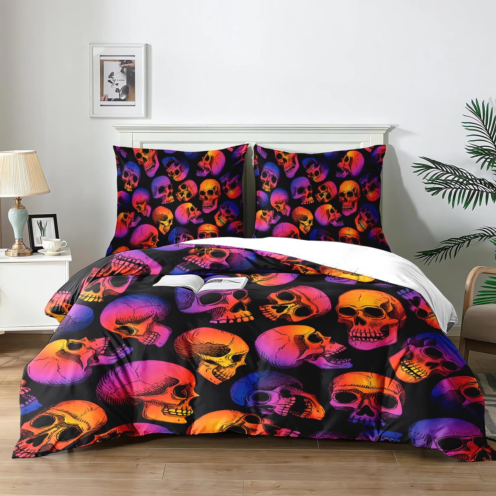 Yzehomijia Skull Pattern Duvet Cover Sets 200×200 cm, Gothic Style, Includes 1 Duvet Cover + 2 Pillowcases 65x65 cm.(K5×200)