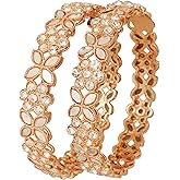 Touchstone Indian Bollywood Handcrafted Traditional Stylish Floral Work Rhinestone Designer Jewelry Thick Bracelets Bangle in Gold Tone. for Women.