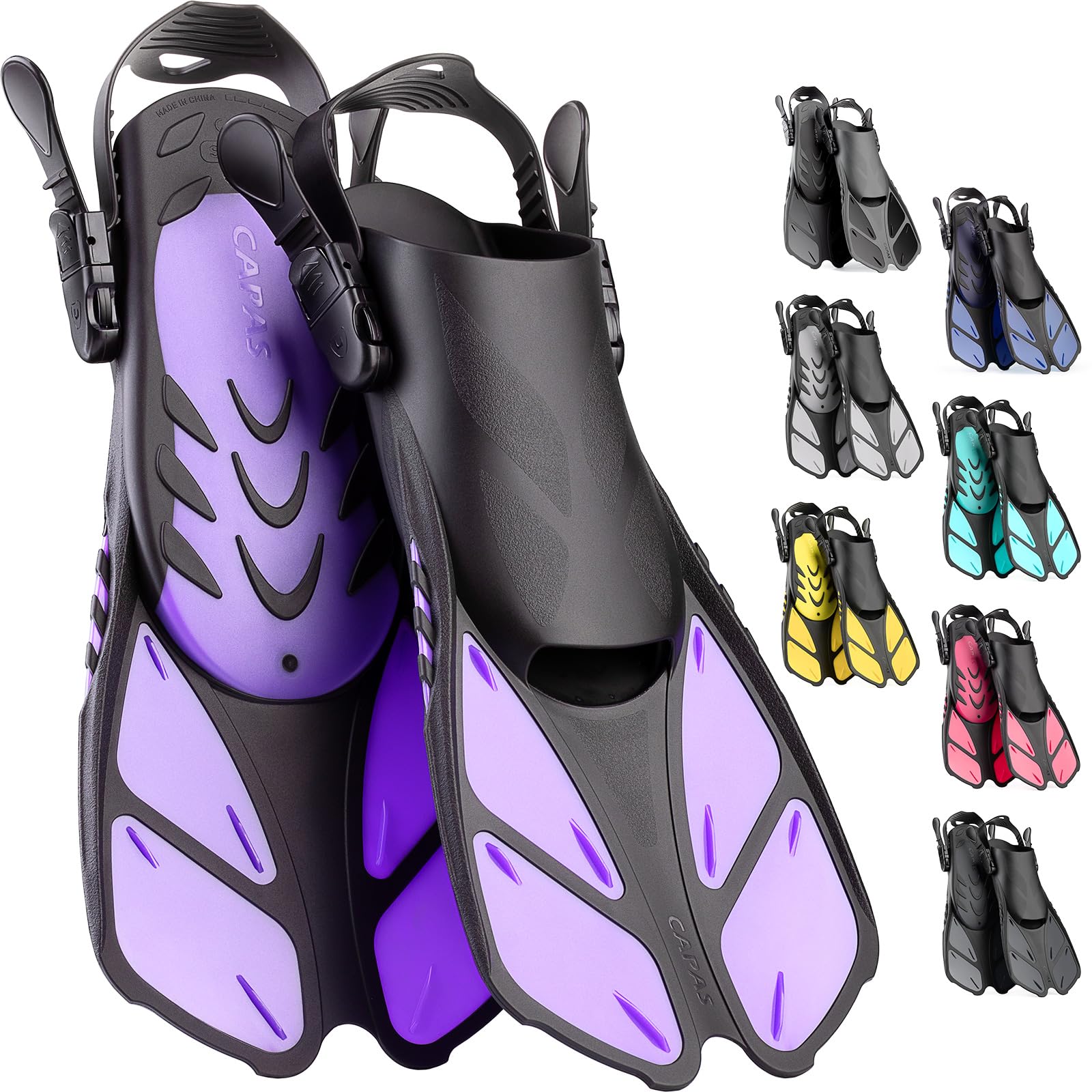 CAPAS Snorkel Fins, Swim Fins Travel Size Short Adjustable for Snorkeling Diving Adult Men Women Kids Open Heel Swimming Flippers (Purple, Kids JR)