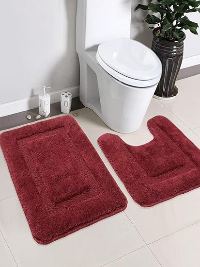 Saral Home Soft Cotton Anti Slip Bathmat Set with Contour- (45x60 cm & 45x50 cm), Maroon