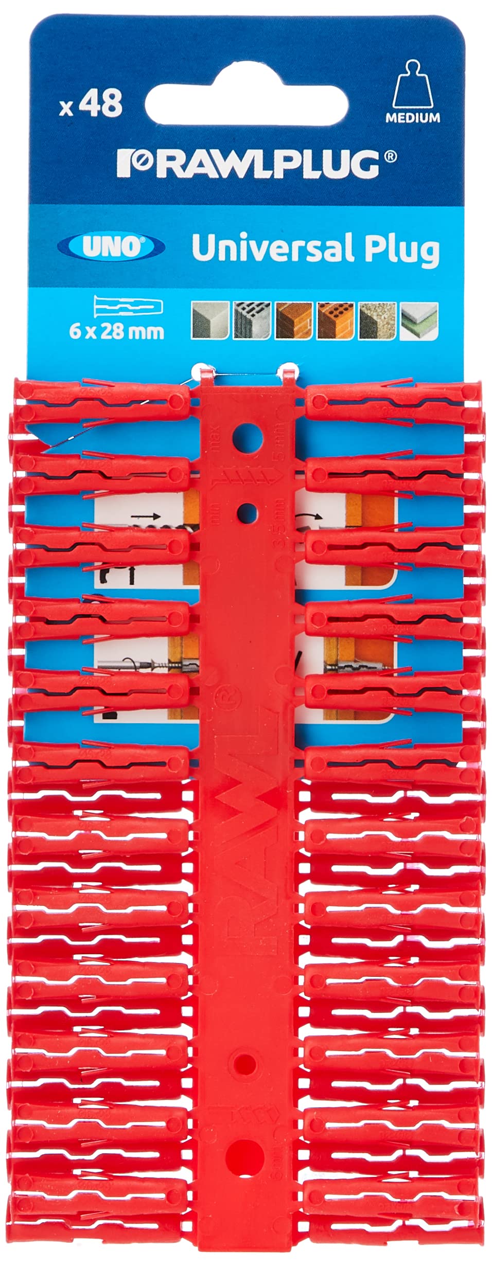 Rawlplug 68515 6 x 28 mm Uno Plug Card - Red (48 pieces)