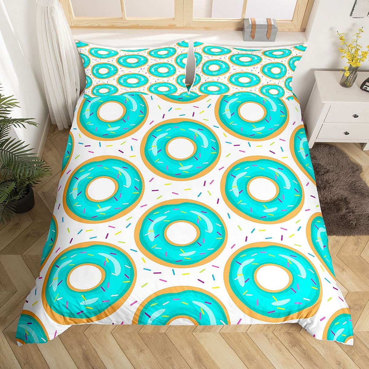Girls Bedding Set for Kids Child Teens Teal Donuts Duvet Cover Set Dessert Comforter Cover Cute Lovely Sweet Funny Bedding & Linen 2Pcs Bedding Single
