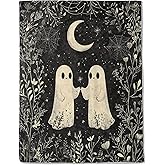 ainori Ghost Flannel Blanket - Lightweight Soft Cozy Gifts Blankets for Halloween Lovers, Kids,Adult,Women,Vintage Spooky Night Moon Art Style Throw,Home Room Modern Whimsical Decor 50x60in