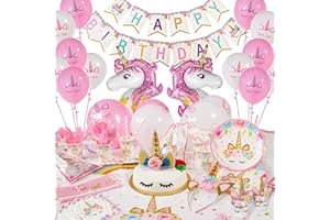 FETEDAY Unicorn Birthday Decorations for Girls Unicorn Party Supplies 211 Pieces Disposable Tableware Kit Serves 16 Headband Cake Topper with Eyelashes Unicorn Balloons – Birthday Banner – BONUS