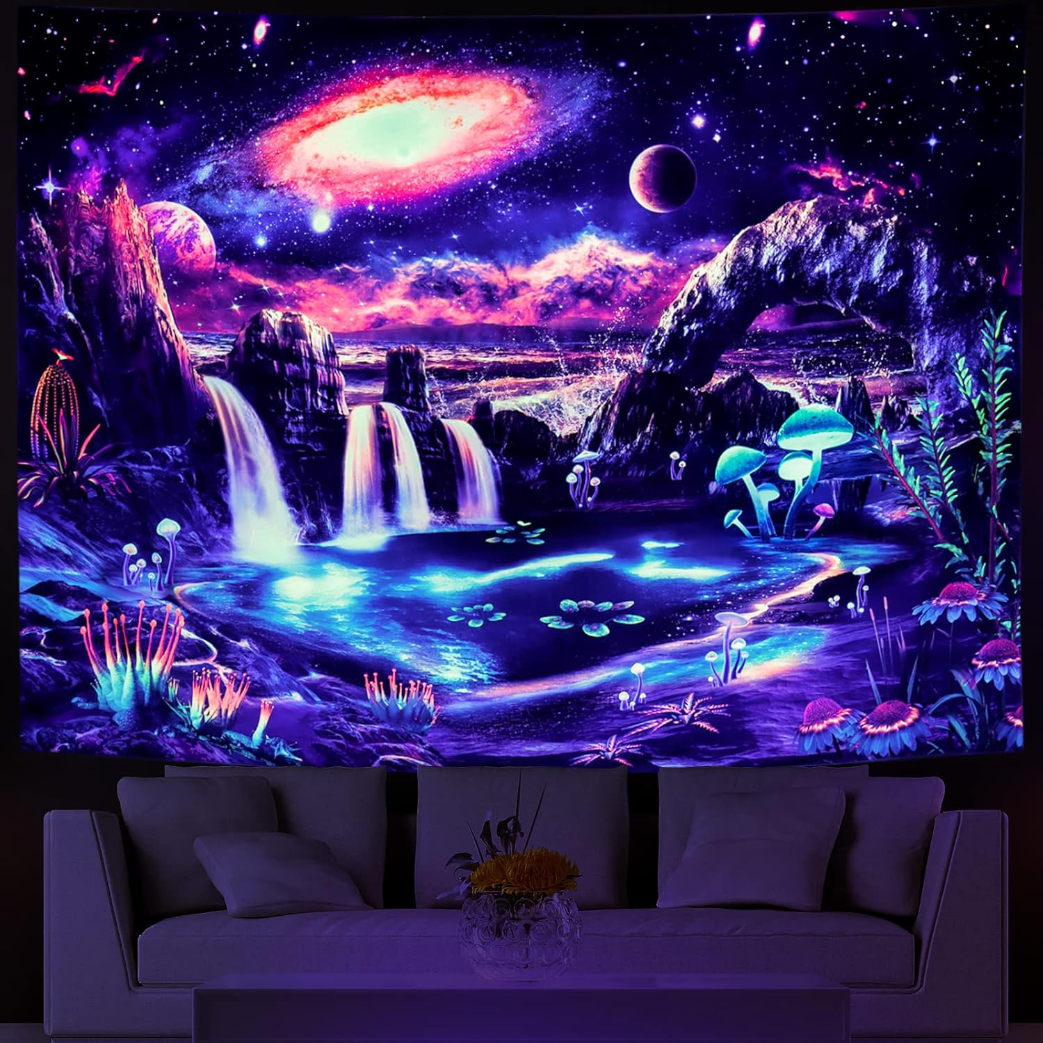 Tapestries - Blacklight Galaxy Tapestry Trippy Planet Tapestry UV Reactive Waterfall Landscape Tapestry Fantasy Mountain Wave Wall Tapestry Mysterious Neon Plants Wall Hanging for Room