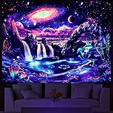 Lahasbja Blacklight Galaxy Planet Tapestry UV Reactive Waterfall Landscape Tapestry Mountain Wave Wall Tapestries Neon Nebula Plants Wall Hanging for Room