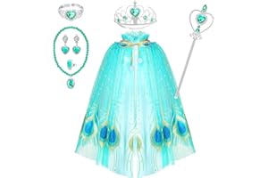 Fedio Princess Cape Set 7 Pieces Girls Princess Cloak with Tiara Crown, Wand for Little Girls Dress up (Peacock)