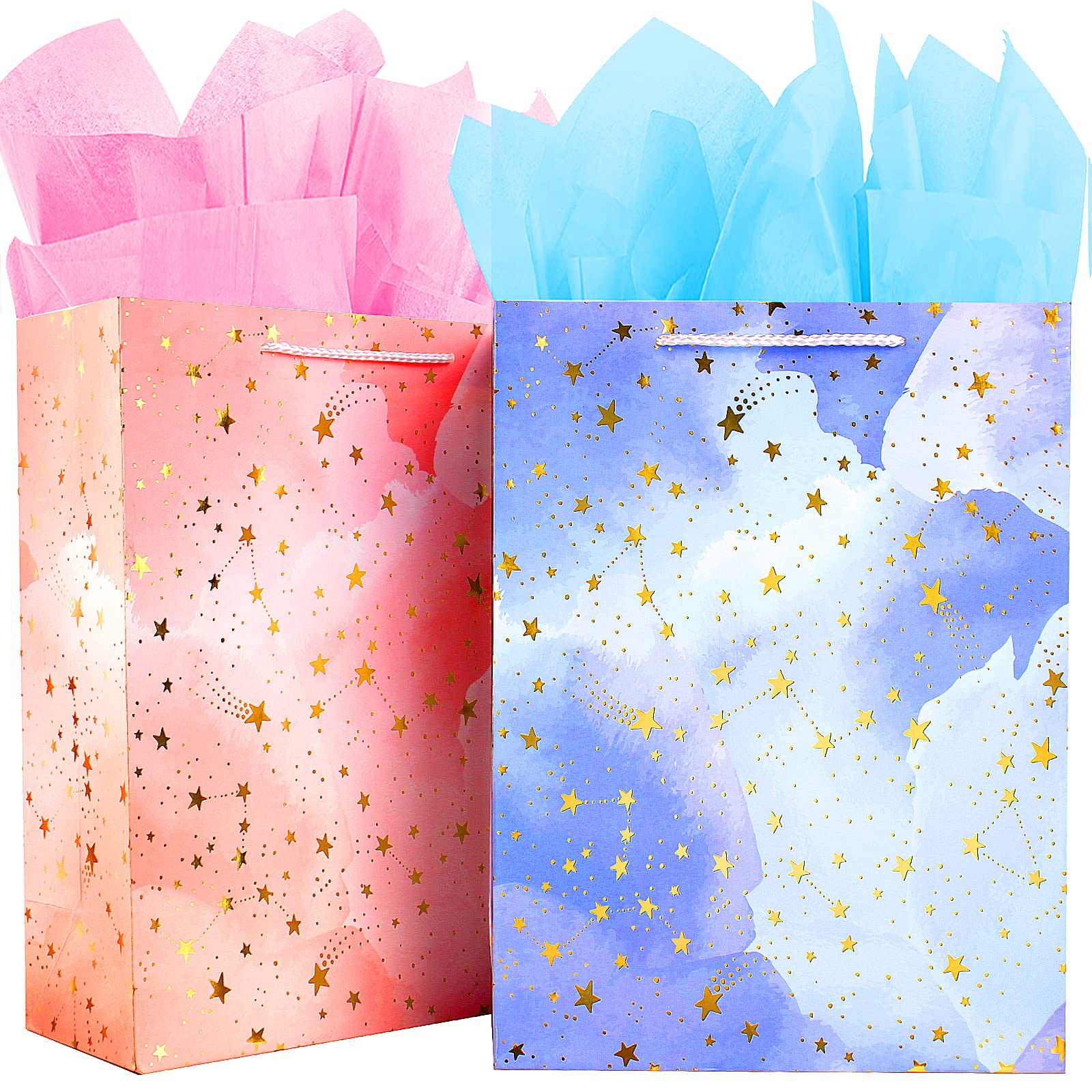 Large Gift Bag Set with FREE 4 Sheets of Tissue Paper - Pink and Blue Paper Bags with Handle for Women, Men, Kids, Birthday Party Presents