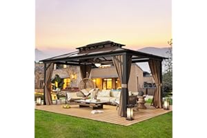 YOLENY 10'x13' Hardtop Gazebo, Outdoor Polycarbonate Double Roof Canopy, Aluminum Frame Permanent Pavilion with Curtains and Netting, Sunshade for Garden, Lawns, Patio