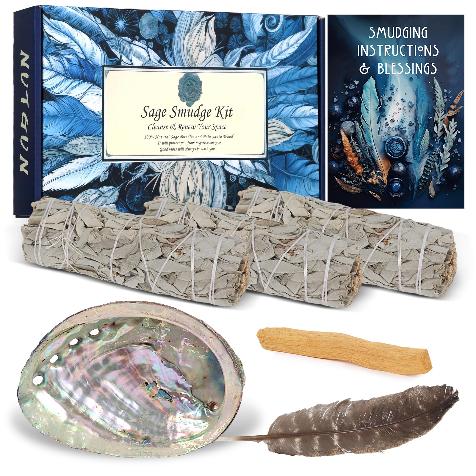 Nutgun Sage Smudge Kit - 3 White Sage Sticks , Palo Santo Stick , Abalone Shell, Smudging Feather & Guide~ Sage Incense Sticks for Cleansing House & Meditation