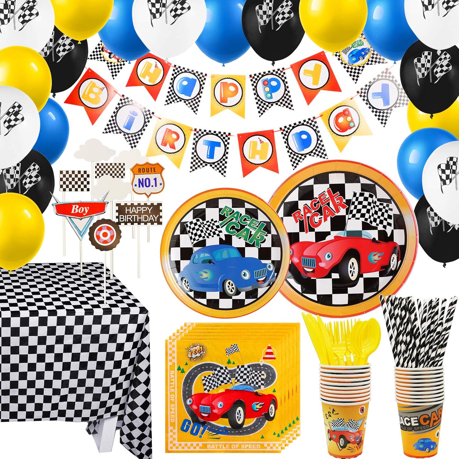 Rainmae 192PCS Racing Car Tableware Set - Race Car Party Supplies for Boys Birthday Disposable Plates Napkins Cups Tablecloth Cupcake Toppers Utensils Ballons Banner for Party Decorations, Serves 20 Guests