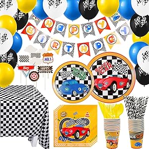 Rainmae 192PCS Racing Car Tableware Set - Race Car Party Supplies for Boys Birthday Disposable Plates Napkins Cups Tablecloth Cupcake Toppers Utensils Ballons Banner for Party Decorations, Serves 20 Guests