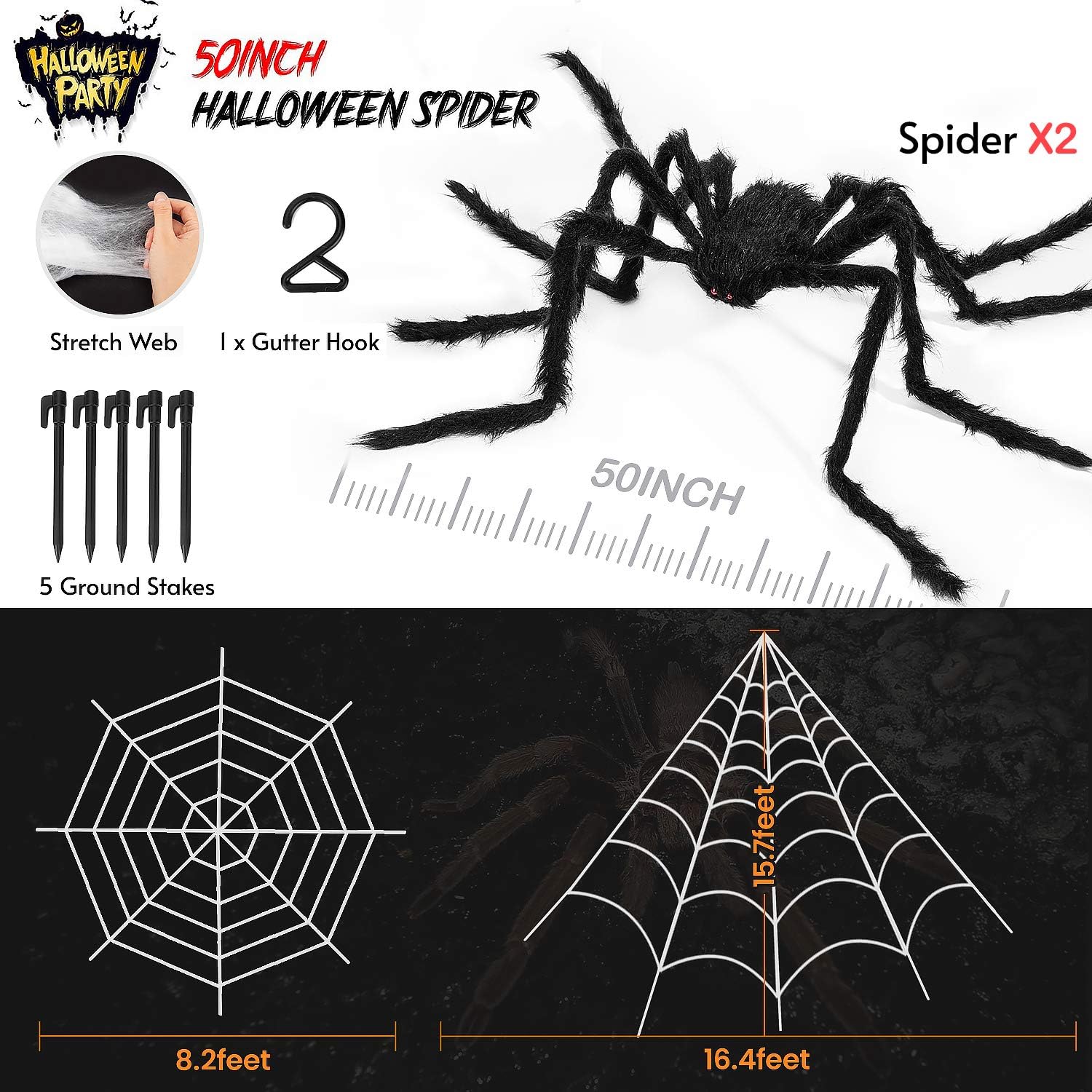 Halloween Decorations, 2Pcs 50'' Giant Spider + 200'' Triangular Spider Web and 100'' Round Spider Web, with Hook, Stretch Web and Ground Stakes for Indoor Outdoor Halloween Decor Haunted House Props: Garden & Outdoor