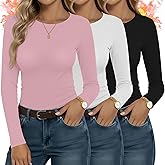 Velvelhall 3 Pack Women's Long Sleeve Thermal Shirts, Fleece Lined Crew Neck Undershirts Soft Base Layer Fitted Tee Tops