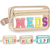 Pinkunn Chenille Letter Bag Clear Makeup Pouch Cute Preppy Letter Patch Cosmetic Bag with Zipper Nylon Waterproof Portable Travel Purse Toiletry Organizer for Appreciation Gift (Beige,Meds)