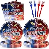 96Pcs Blue with Gold Ring Paper Plates and Napkins Video Game Theme Birthday Party Supplies Blue Golden Cartoon Disposable Dinnerware Tableware Set for Kids Birthday Baby Shower Decoration Serve 24