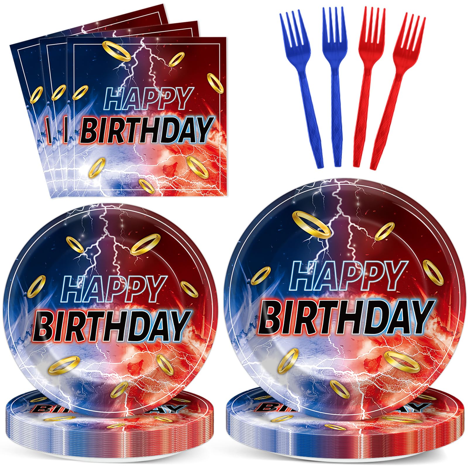 Photo 1 of 96Pcs Blue with Gold Ring Paper Plates and Napkins Video Game Theme Birthday Party Supplies Blue Golden Cartoon Disposable Dinnerware Tableware Set for Kids Birthday Baby Shower Table Party Decoratio