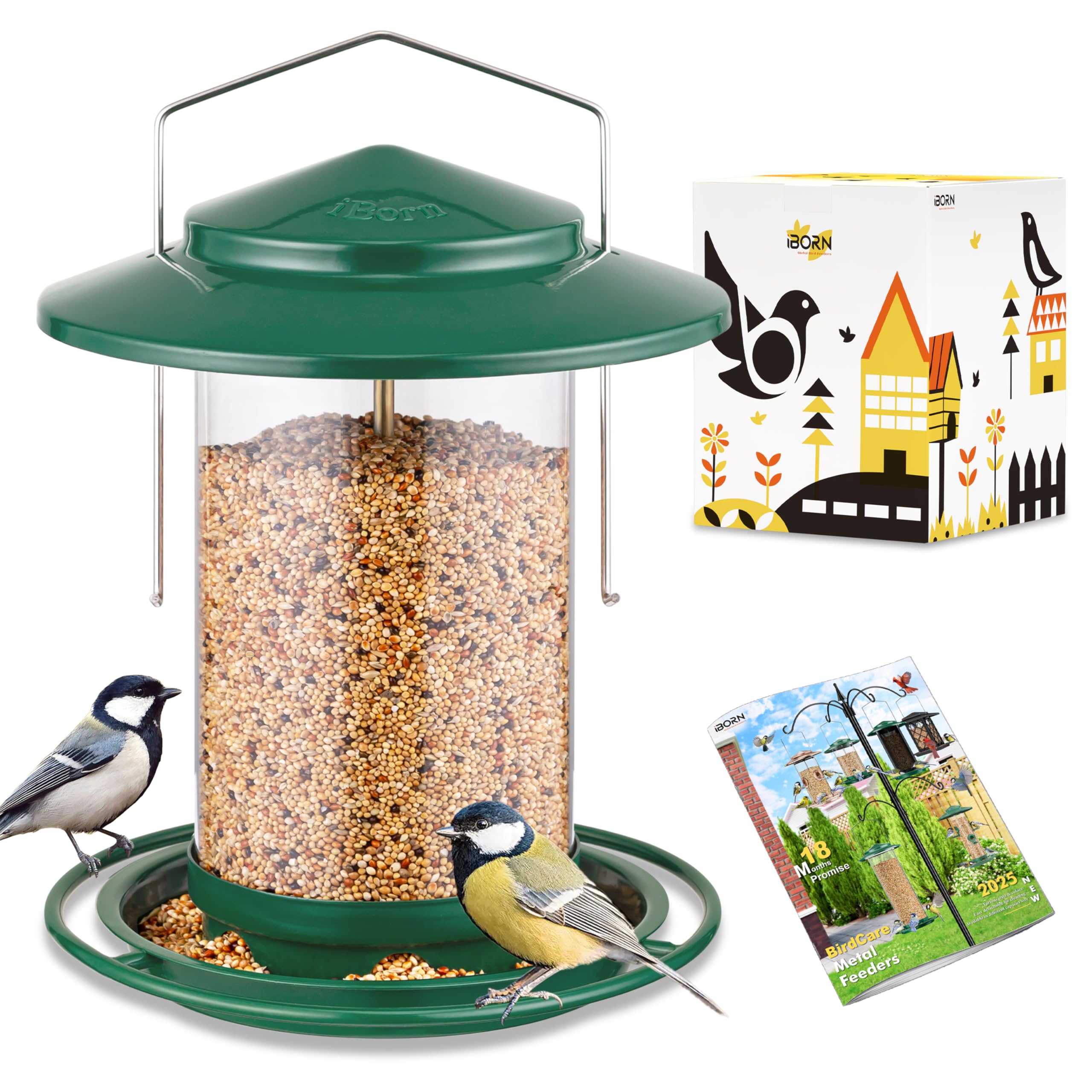 iBorn Metal Bird Feeder for Outside Hanging,Wild Bird Feeders for Cardinal,18cm Large Roof&Tray Green 6 Port (Seed is not Included)