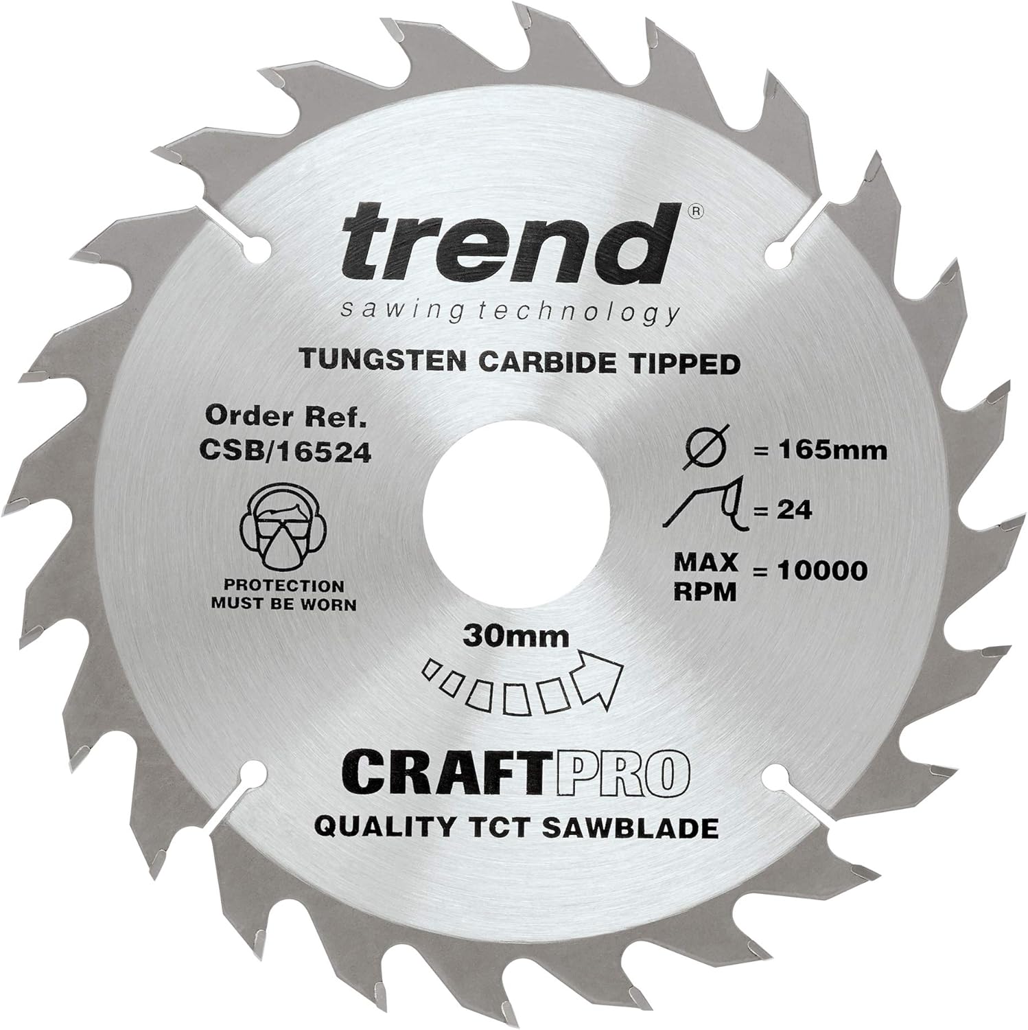 Trend Wood Circular Saw Blade, 165mm Diameter, 30mm Bore, 24 Teeth, 2.4mm Kerf, +15° Hook, TCT, Medium Finish, CSB/16524