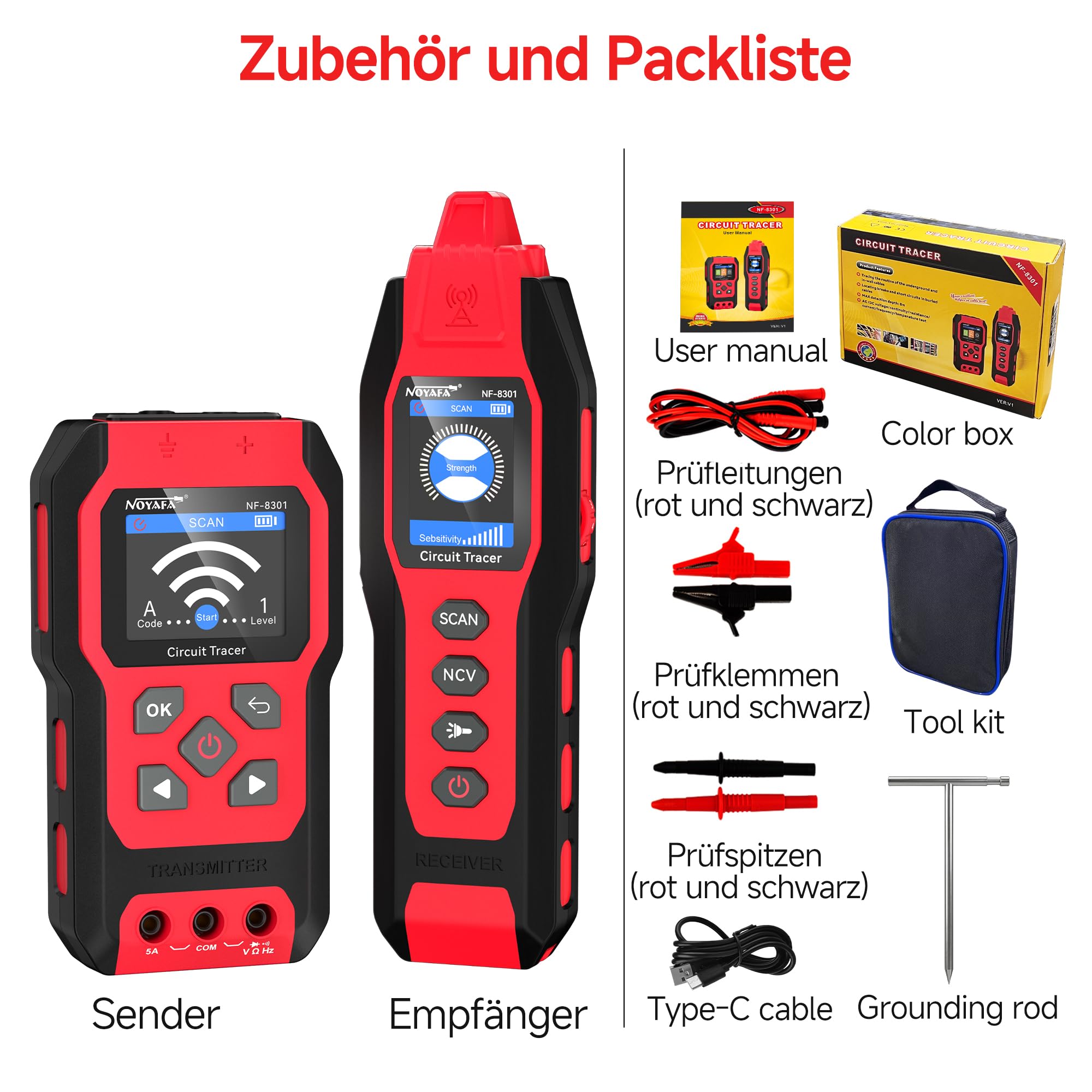 NOYAFA NF-8301 Kabelsuchgerät & Leitungssucher mit Digitalmultimeter, Unterirdischer Kabeldetektor, 8 Stufige Empfindlichkeit, Circuit Tracer für Wand, Sicherungs & Bewässerungskabel 8