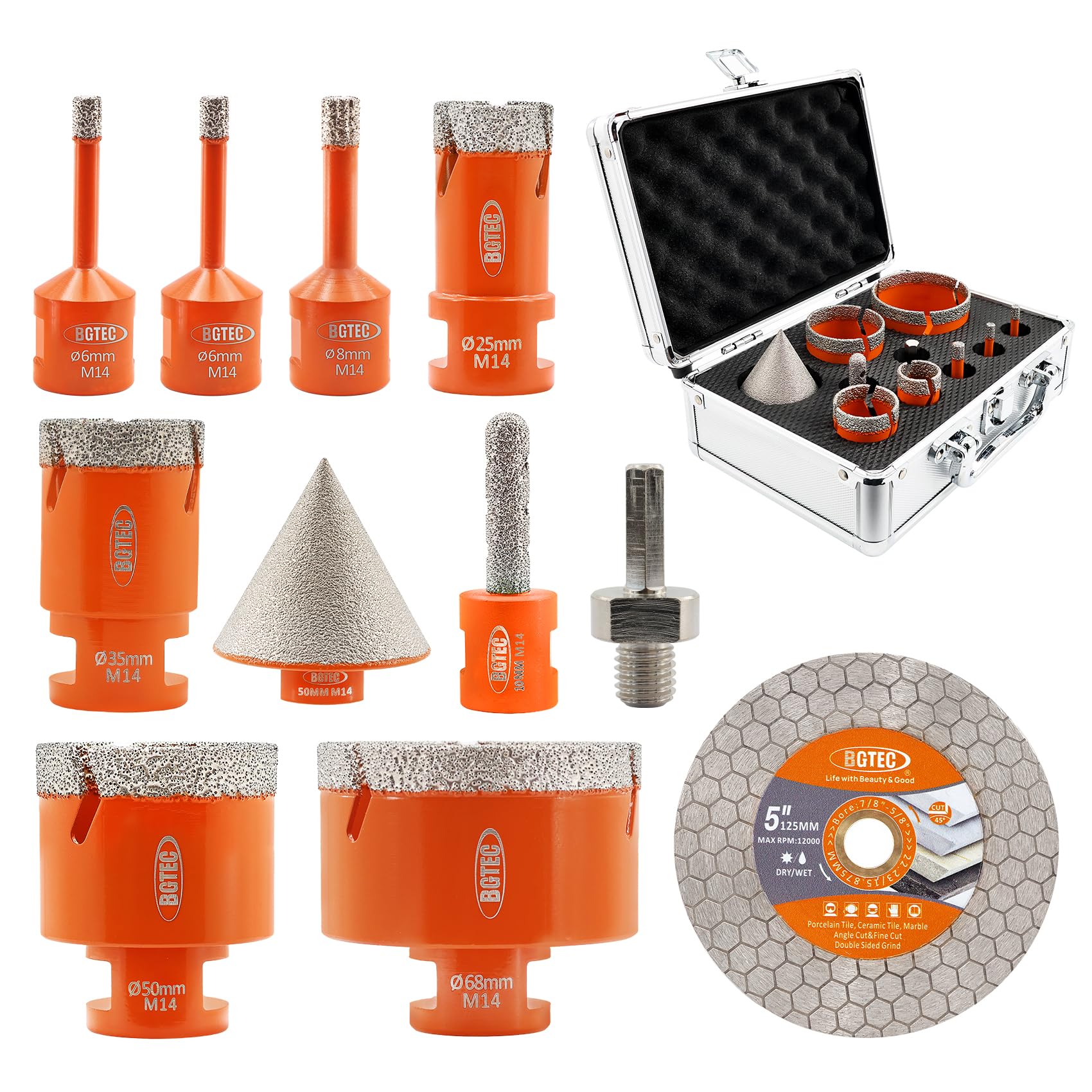 BGTEC Core Drill Bits Set - 10pcs 6/6/8/25/35/50/68mm Diamond Hole Saw + 10MM Finger + 50MM Chamfer + 125MM Diamond Cutting Dics for Porcelain Ceramic Tile Granite Marble Granite