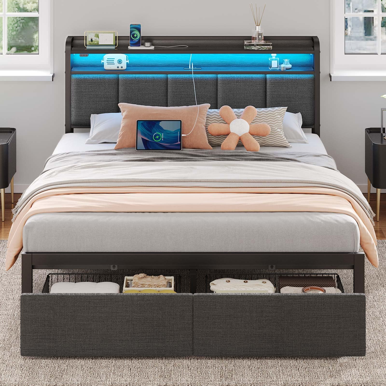 Rolanstar Bed Frame Queen Size with Charging Station and LED Lights, Upholstered Headboard with Storage Shelves, Heavy Duty Metal Slats, No Box Spring Need, Noise Free, Easy Assembly, Dark Grey Image