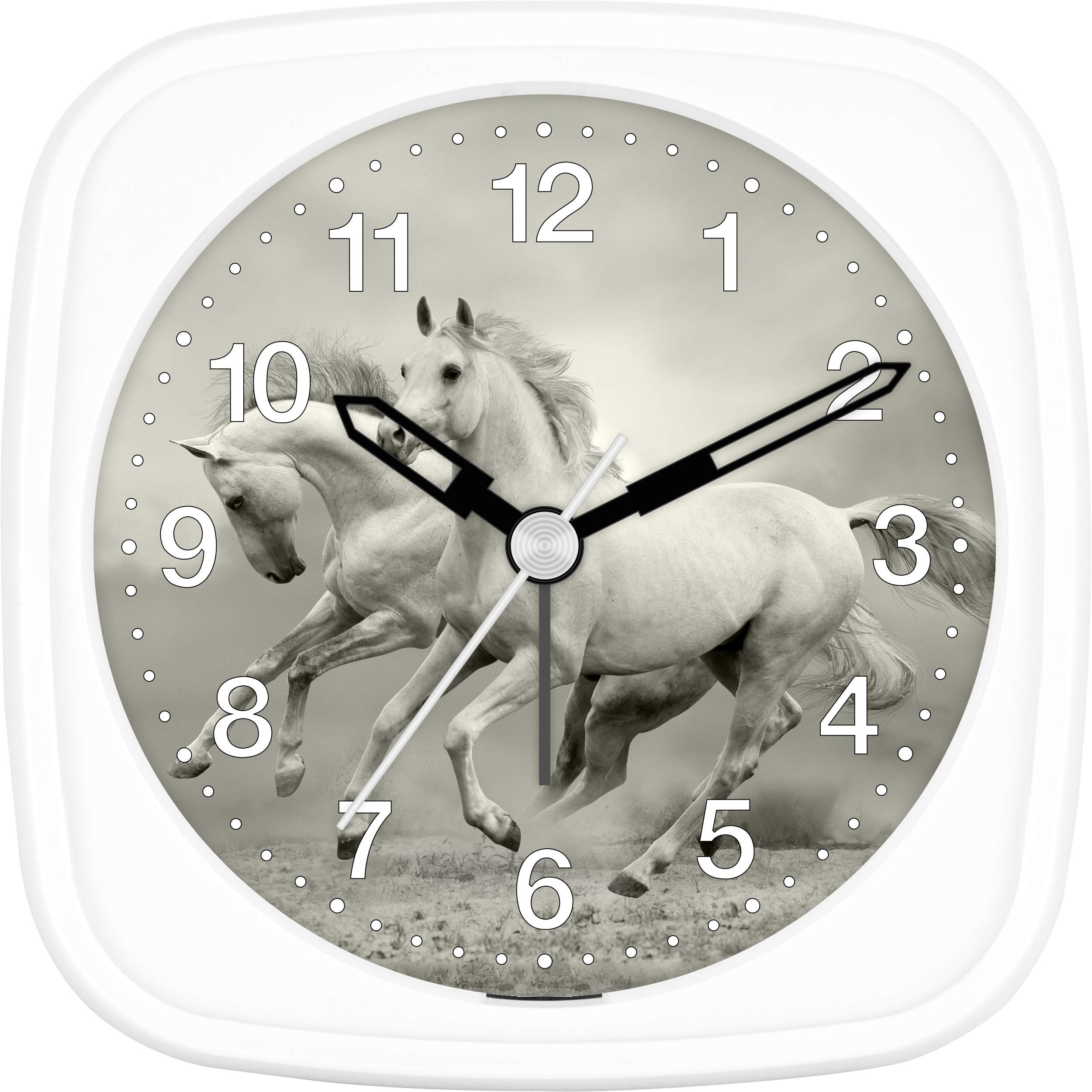 Eurotime Children's Alarm Clock for Girls with Horse Motif, Plastic Housing and Plastic Glass, Silent Alarm Clock, No Ticking, with Light and Alarm Repeat, 27017-00