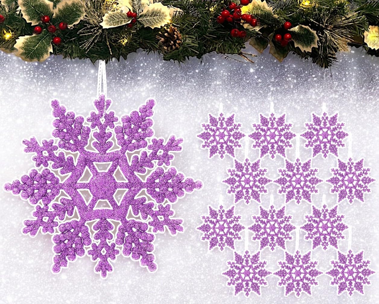 12pk Glitter Snowflake Hanging Decorations, Christmas Tree Snowflake Baubles/Ornaments (Lilac)