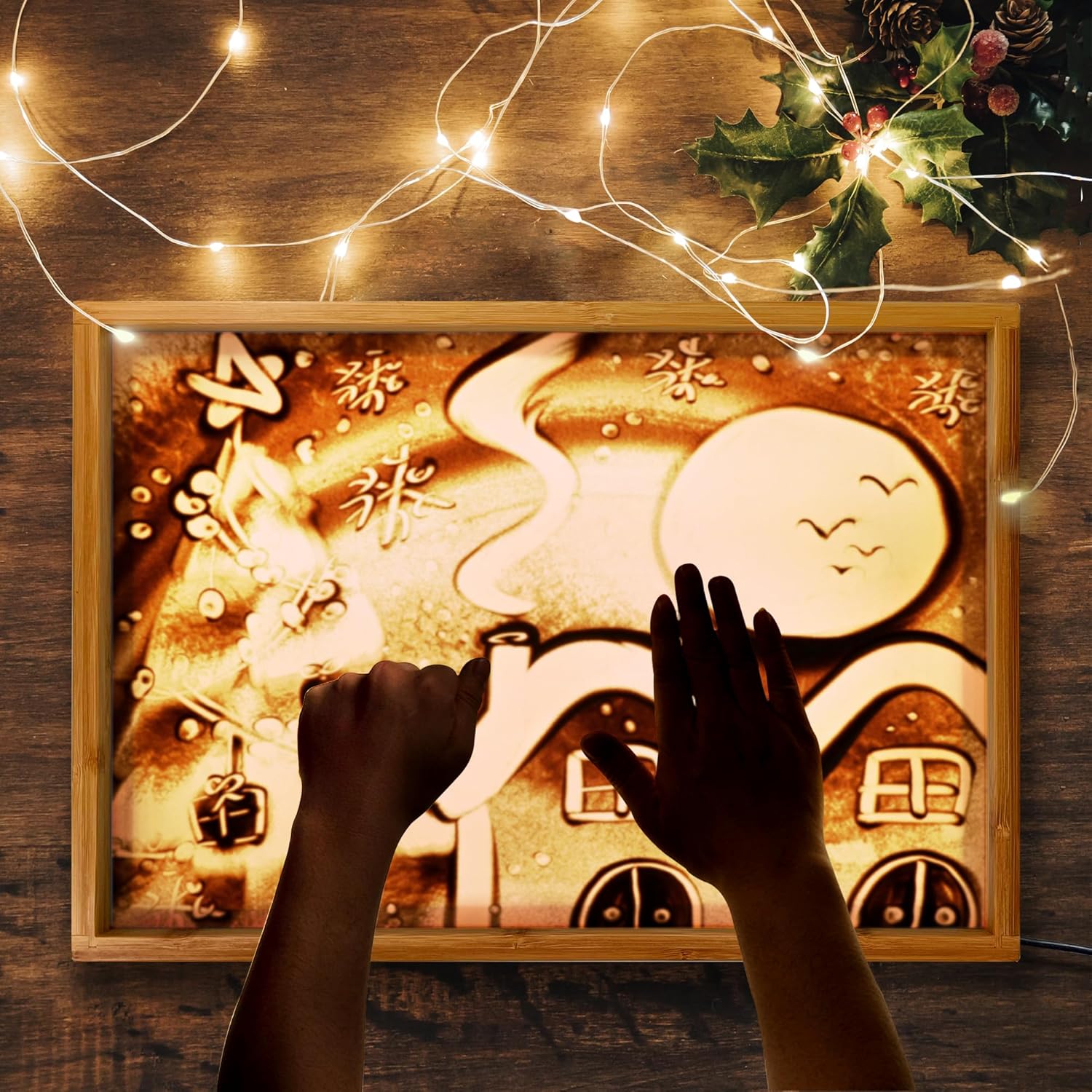 Paintings - AtMini Sand Painting Light Box Light Table for Kids Wooden Sand Art Table with 10 Cards Sand Sensory Toy (11×16×1 in)