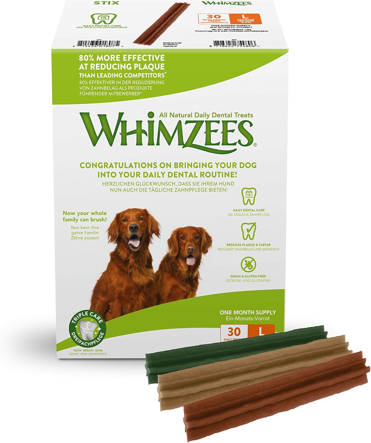WHIMZEES Stix L, Month Box, 30 Pieces, Dog Dental Stix, Size L, Dog Dental Sticks for Large Breeds Natural and Grain Free