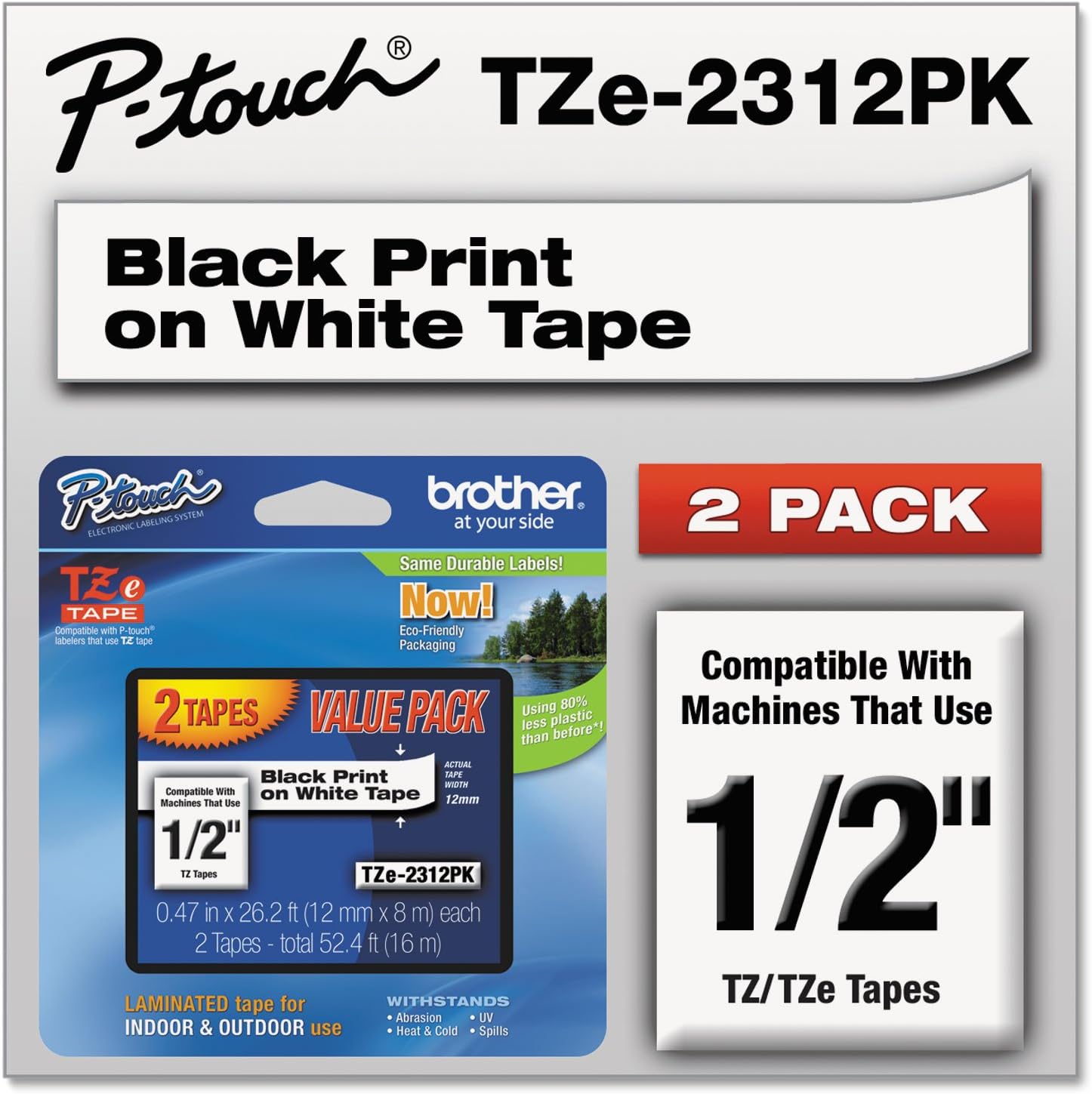 Brother TZE2312PK TZe Standard Adhesive Laminated Labeling Tapes 1/2"w, Black on White, 2/PK: Office Products