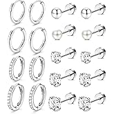 Incaton Hypoallergenic Flat Back Earrings Cartilage Earring Stacks Surgical Stainless Steel Earrings for Sensitive Ears Small Flatback Stud Hoop Earring Sets for Helix Tragus Multiple Piercing Jewelry