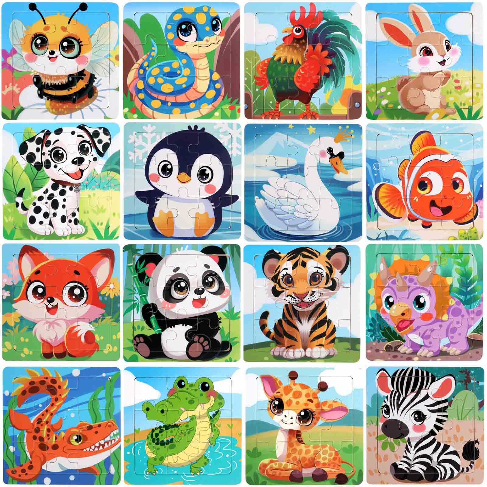 16 Pack Small Jigsaw Puzzles for Toddlers 3-6, 9 Piece Animal Wooden Puzzles for Kids, Children Learning Educational Puzzles Toys for Boys Girls (Pand & Dog Style)