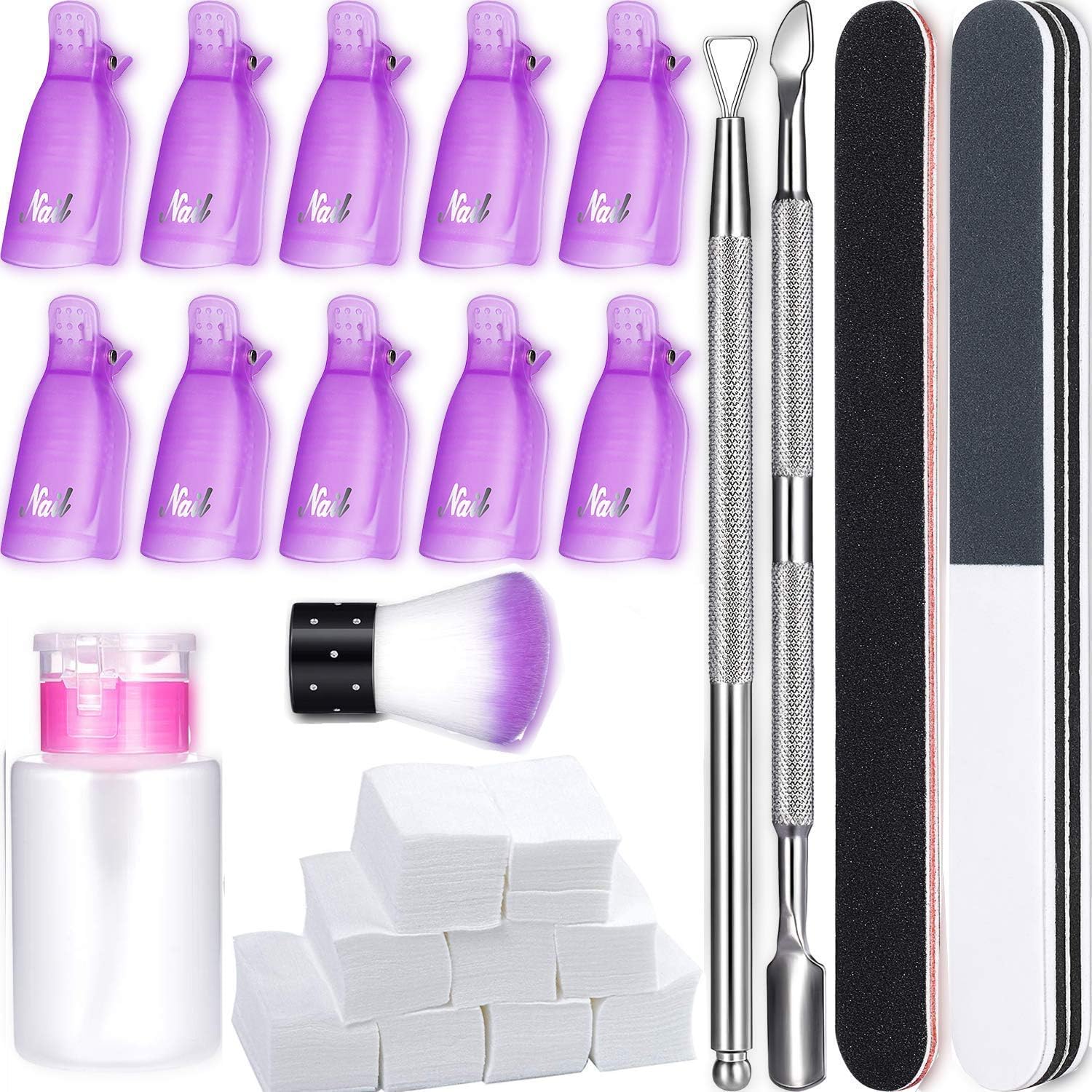 Wendergo Nail Polish Gel Remover Tools Kit with 10 Nail Clips, 500 Nail Remover Pads, Nail Polish Remover Bottle, Cuticle Pusher, Cuticle Peeler, Nail Brush, 100/180 Grits Nail File Buffer Block