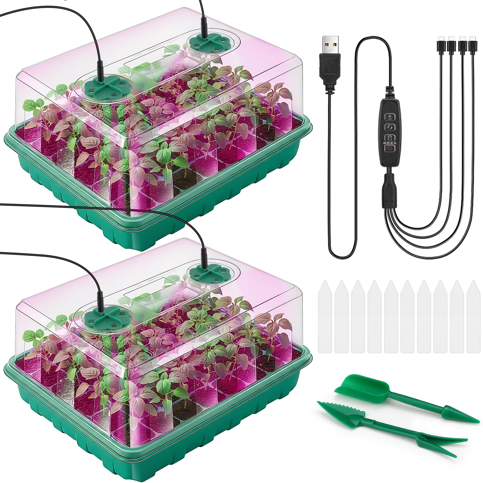 View 1 of ***Missing grow lights***Hanaoyo 96 Cells Seed Starter Tray with Lights, 2 Packs Seed Starter Kit with Humidity Vented Domes and High Lid, Adjustable Brightness Germination Kit for Indoor Greenhouse Seed Starter