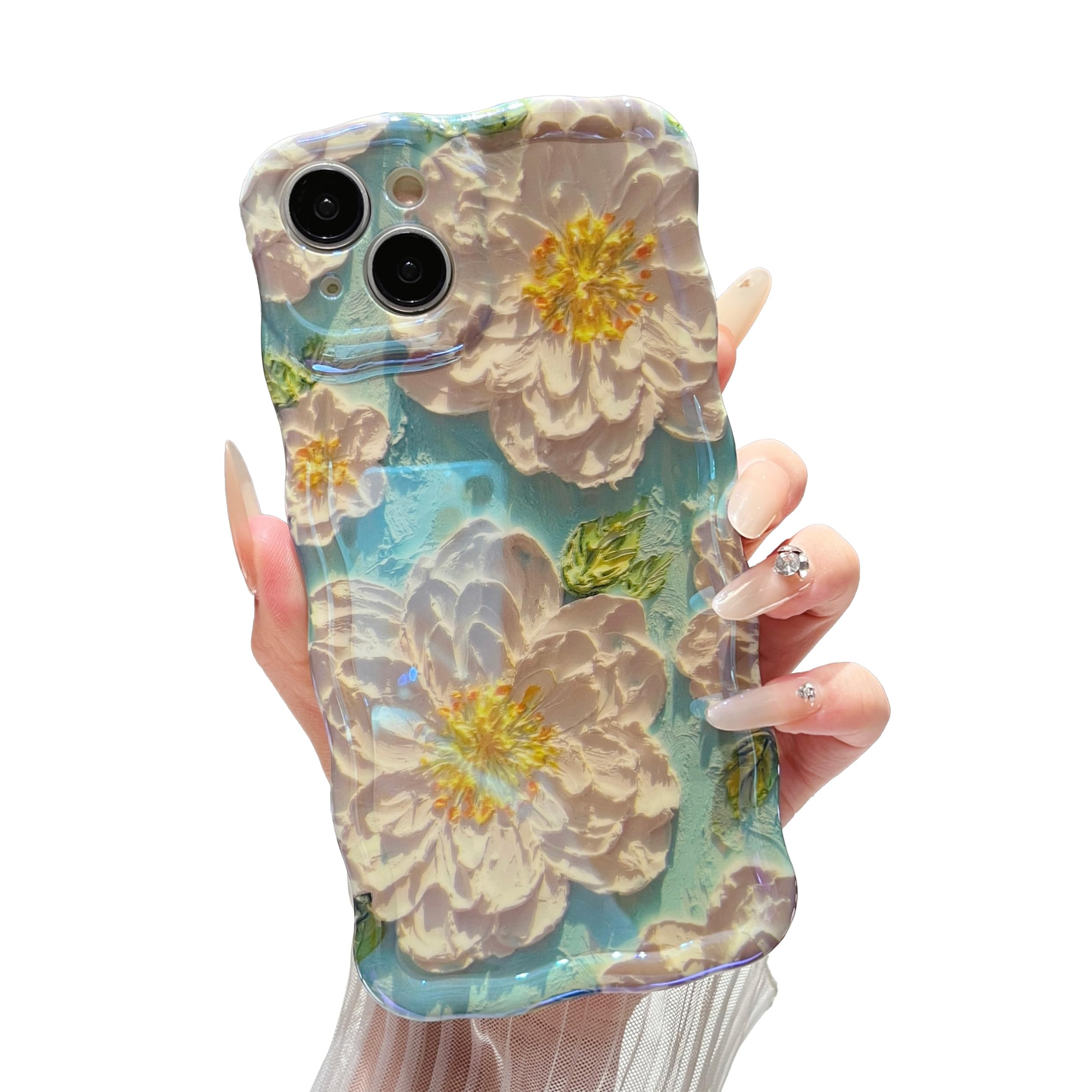 XIZYO Colorful Retro Oil Painting Flower Case for iPhone 13, Curly Wave Frame Laser Glossy Cute Floral Aesthetic Phone Case, for Girls Women Slim Soft TPU Shockproof Phone Cover, White Flower/Blue — image 1