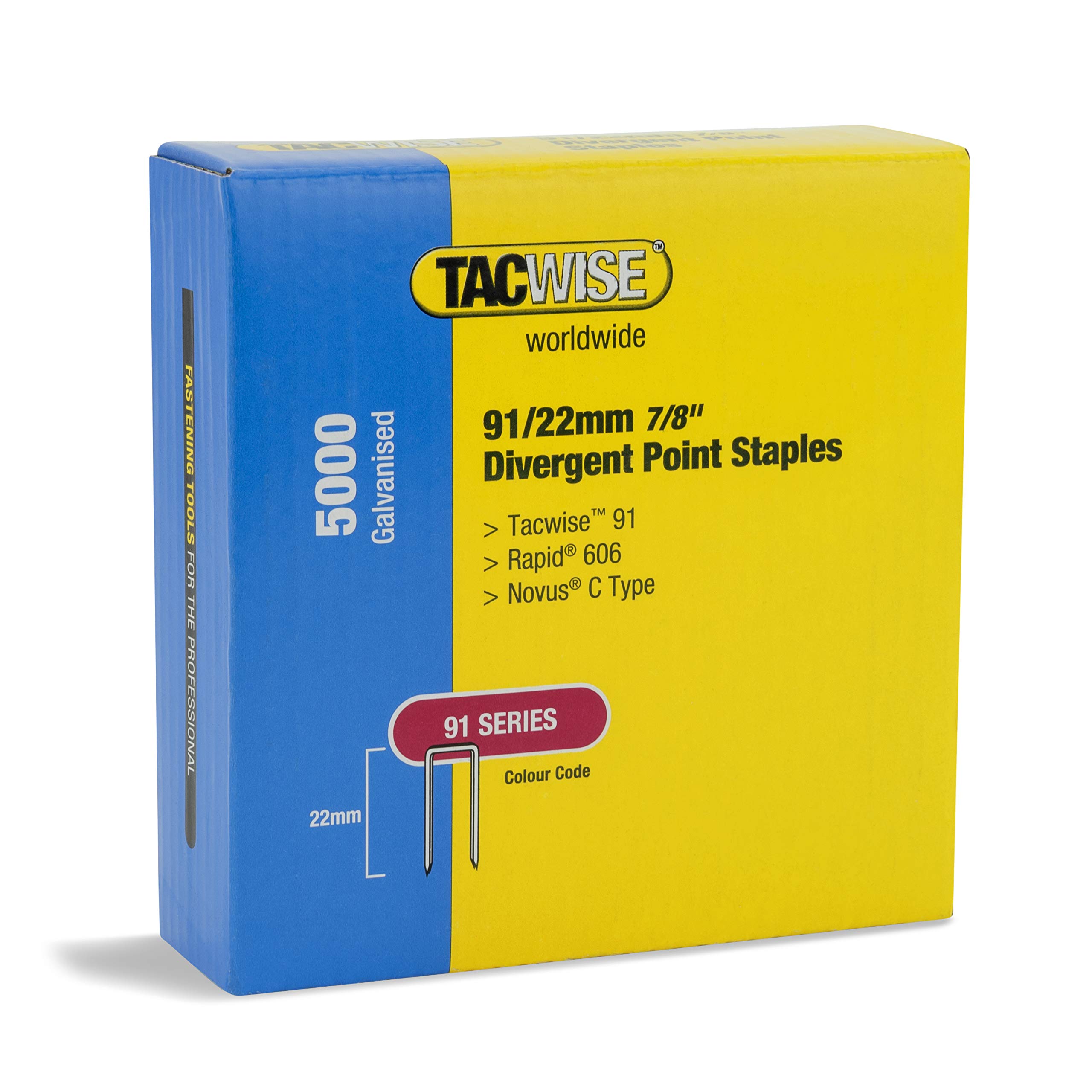 Tacwise 1617 Type 91 / 22 mm Galvanised Narrow Crown Staples, Divergent Point, Pack of 5000