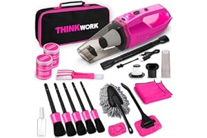 THINKWORK Car Detailing Kit Interior Cleaner, Car Cleaning Kit with 8000PA Cordless Pink Handheld Vacuum Cleaner, Car Interior Detailing Brush Set, Pink Car Accessories, Gift for Women