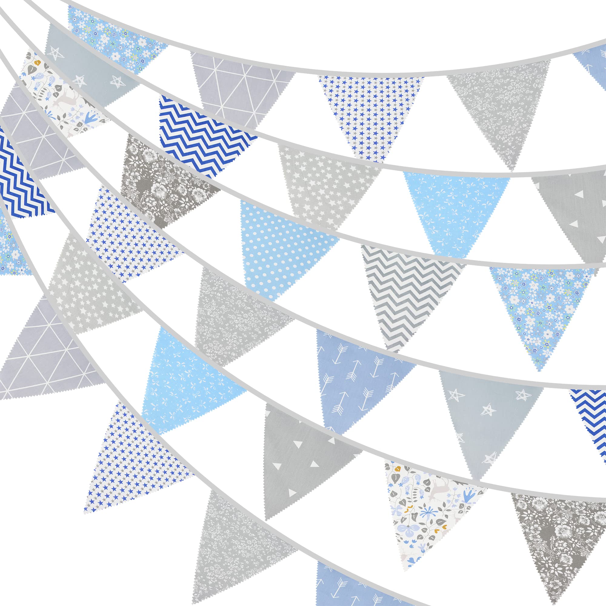G2PLUS 12M Gray Floral Bunting, 42PCS Fabric Bunting Garland, 19x21CM Large Reusable Cotton Triangle Banner for Garden Tea Wedding Baby Shower Birthday Parties — image 1