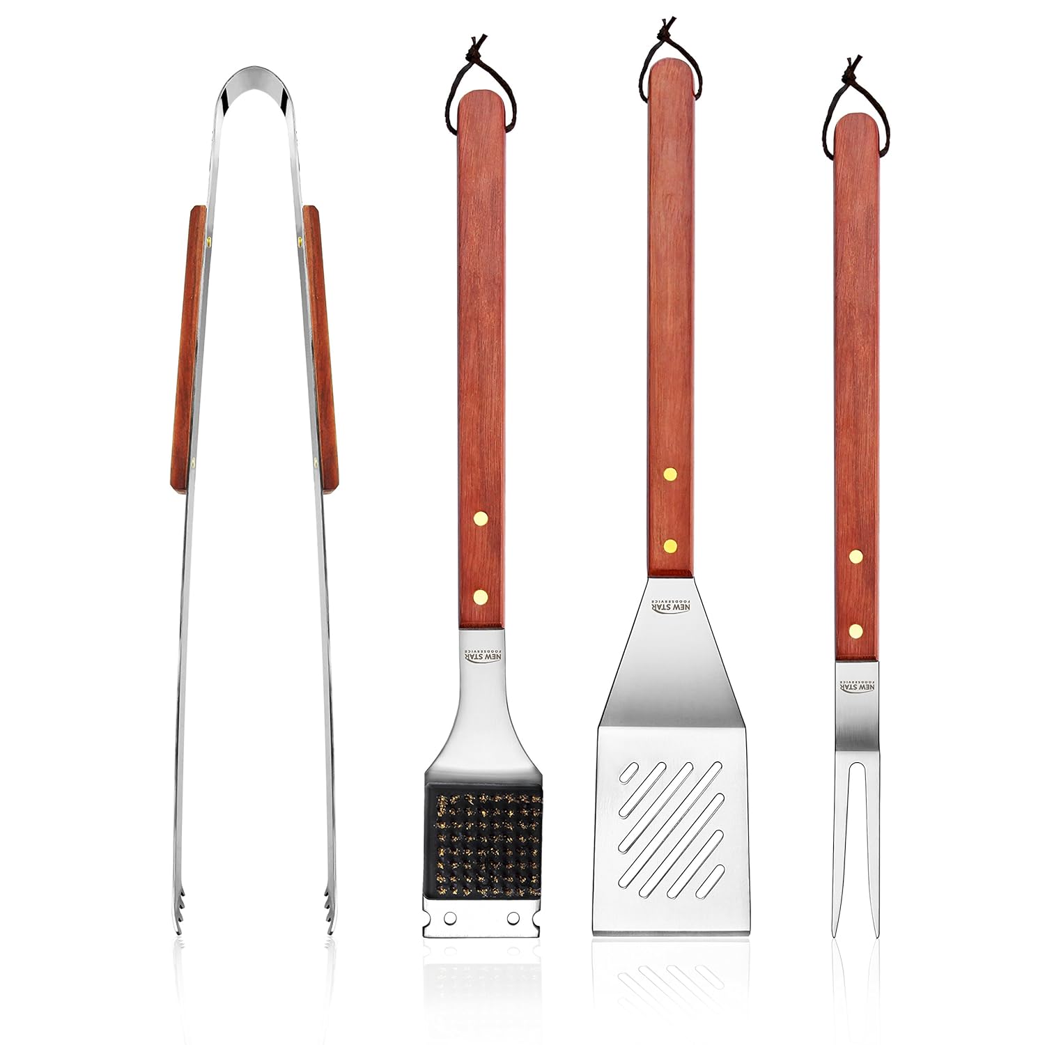 New Star Foodservice 59007 Stainless Steel Barbecue Tool Set with Solid Hard Wood Handles, Set of 4