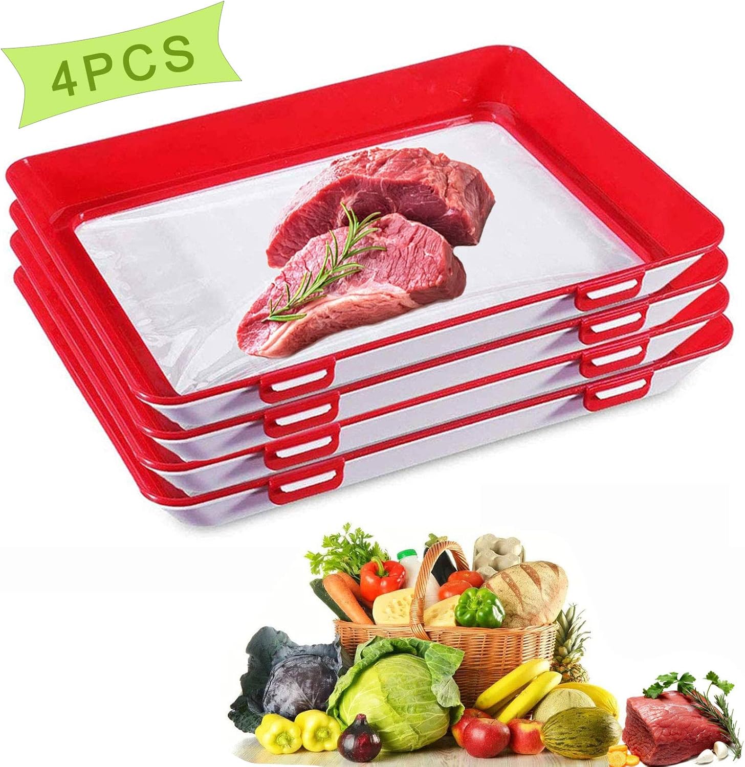 Food Preservation Trays Stackable Reusable Creative Food Storage Container with Elastic Locking Lid for Vegetables Fruit Meat for Kitchen Refrigerator Freezer (Red, 4-PCS)
