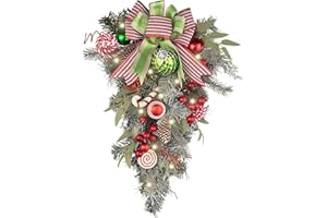 Valery Madelyn Pre-Lit Christmas Teardrop Swag for Decorating Outdoor, 24 Inch Red Green White Elf Mailbox Swag Decoration with 20 LED Lights, Ball Ornaments for Front Door Stairway Window Shelf Xmas