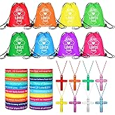 MveLwodx 52Pcs Christian Party Favors Bulk, Christian Party Favors With 16 Cross Necklaces 16 Jesus Loves You Drawstring Bags Bulk 20 Bible Verse Bracelets Religious Gifts