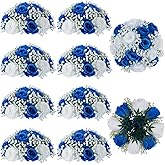BLOSMON Fake Flowers Ball Wedding Centerpieces 10 Pcs Royal Blue Rose Babys Breath Artificial Flowers Center Pieces Decoration for Table Faux Silk Floral Bouquet Arrangements for Home Party DIY Decor