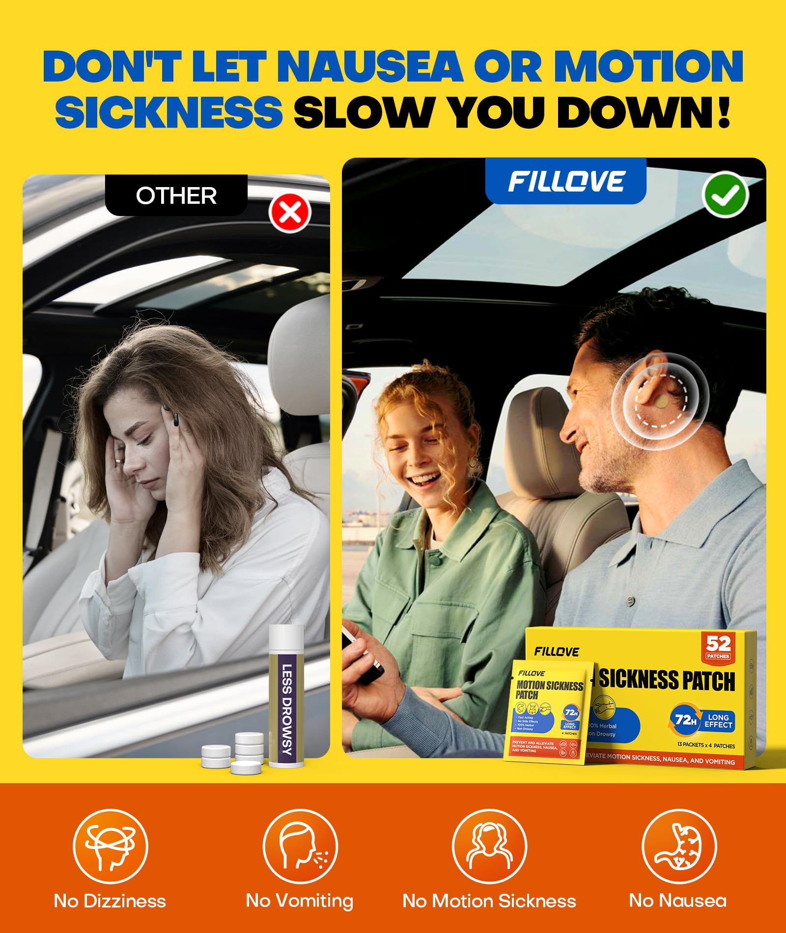 FILLOVE 52ct Motion Sickness Patches Non-Drowsy, 72H Lasting Sea Sickness Patches Cruise Essentials 2025, 100% Natural Motion Sickness Patch Travel Essentials for Car Airplane Ship Altitude Sickness