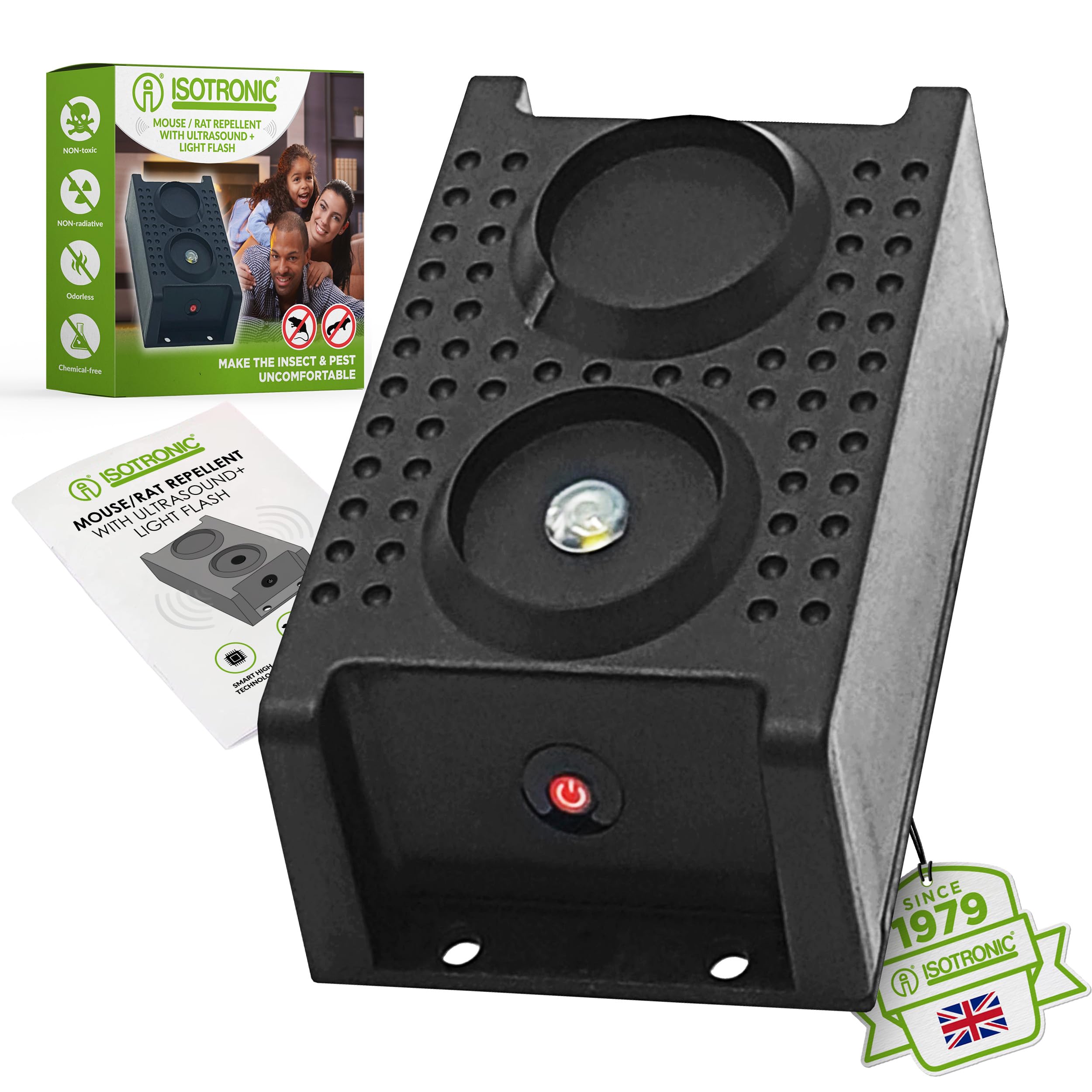 ISOTRONIC Mouse and rat deterrent flash with LED light function, ultrasonic for home, car, garage and attic