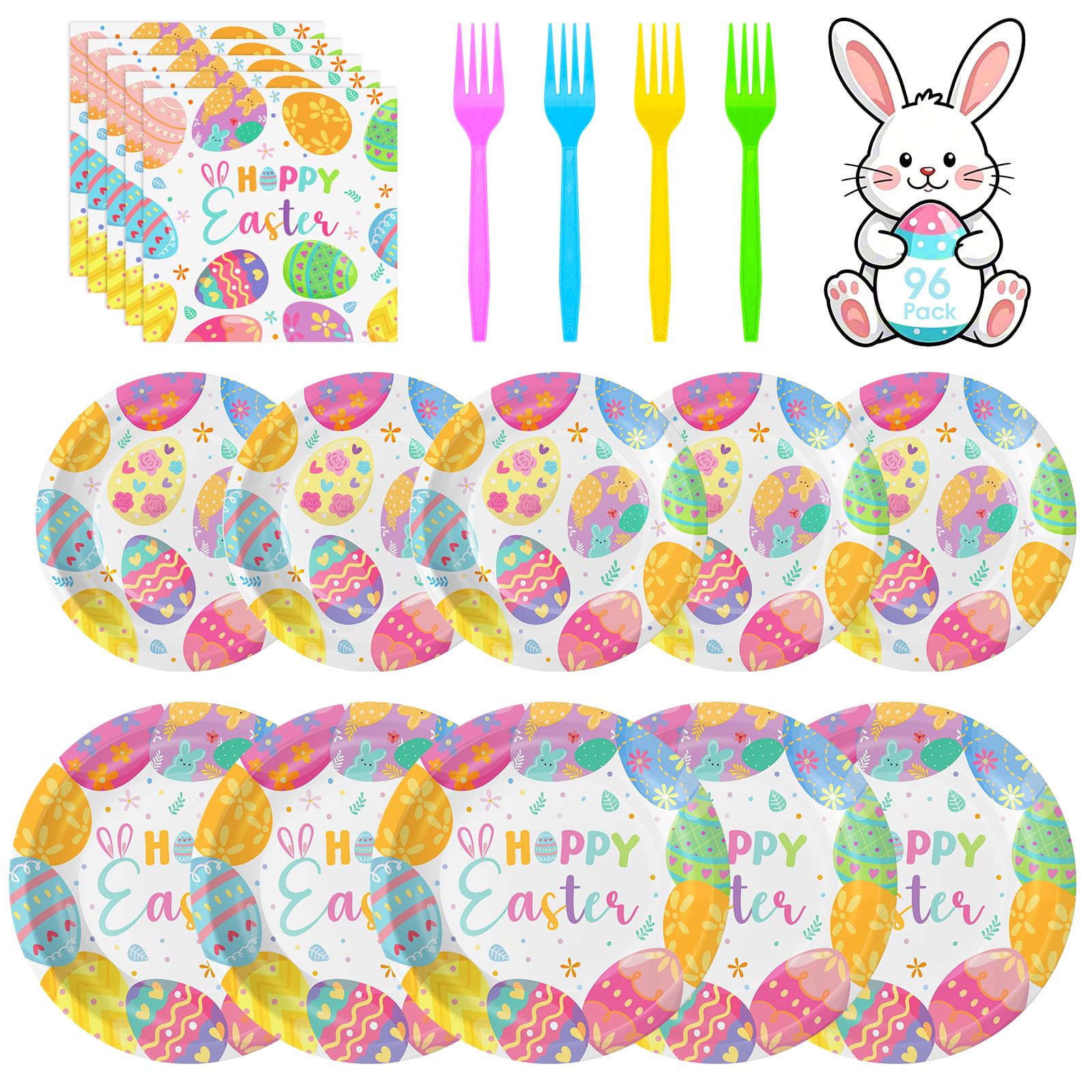 96 Pcs Happy Easter Plates and Napkins Forks Sets - Colorful Eggs Themed Round Tableware, Disposable Spring Flowers Paper Plates Napkins Set for Easter Party Supplies Favors Table Decor, Serves 24