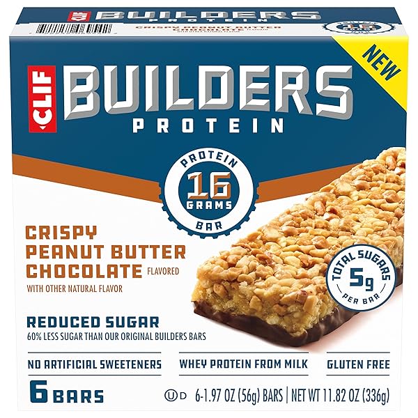 CLIF BUILDERS PROTEIN BARS – CRISPY PEANUT BUTTER CHOCOLATE FLAVORED – REDUCED SUGAR – GLUTEN FREE – 16G PROTEIN – NO ARTIFICIAL SWEETENERS – 1.97 OZ. (6 PACK)